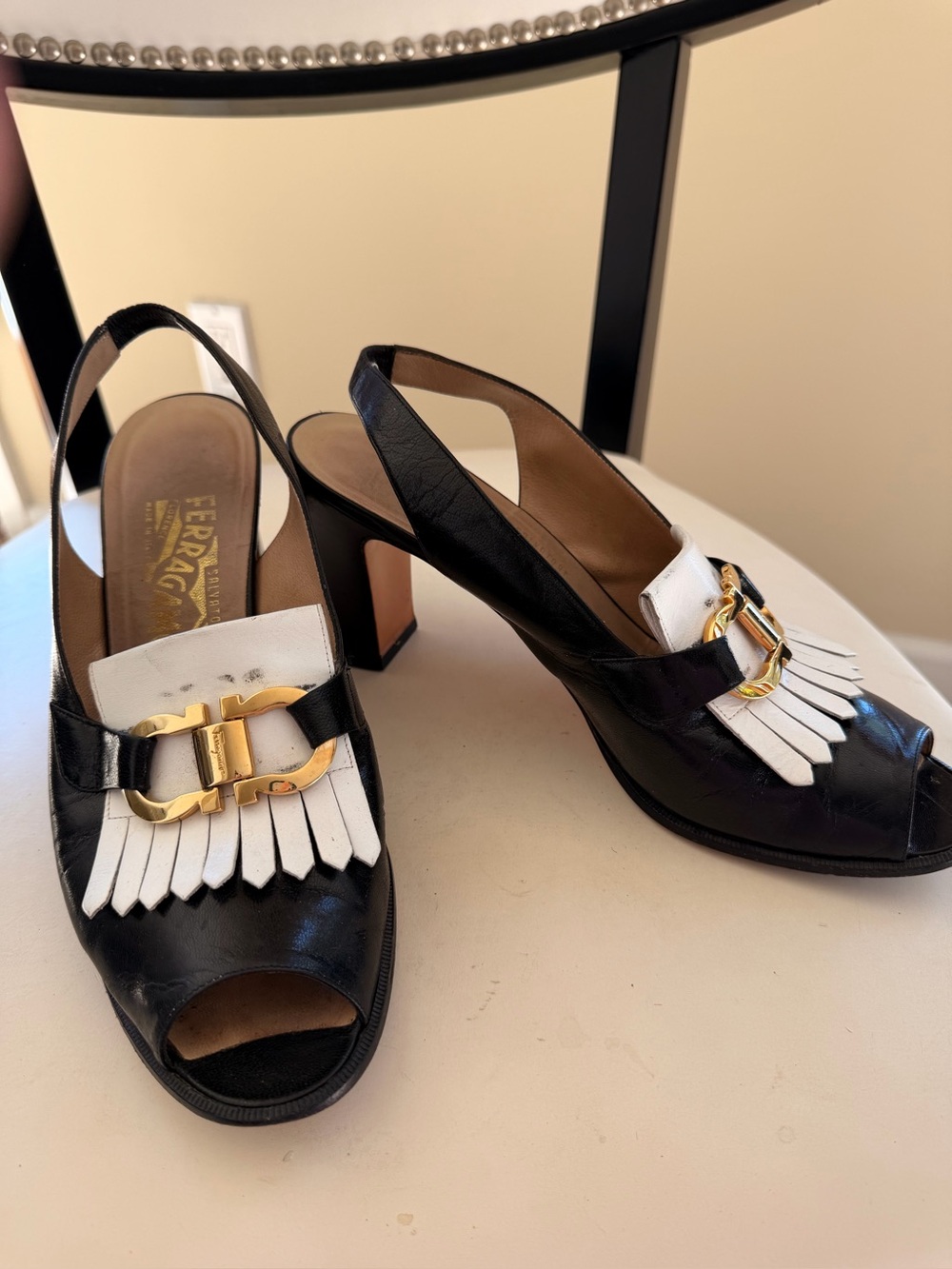 Vintage Salvatore Ferragamo Black & White Kiltie Slingback Heels